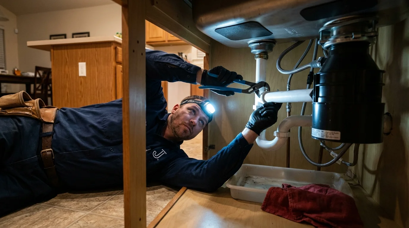 P-trap and supply line connections under a kitchen sink showing a common leak point in Homer, LA